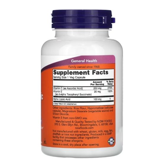 Alpha Lipoic Acid with Vitamins C & E, 100mg, 120 vcaps, NOW Foods - Vitax.ro