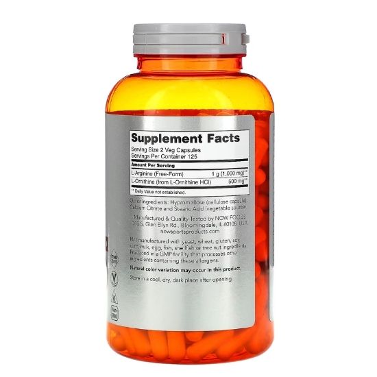 Arginine & Ornithine, 500/250, 250 vcaps, NOW Foods - Vitax.ro