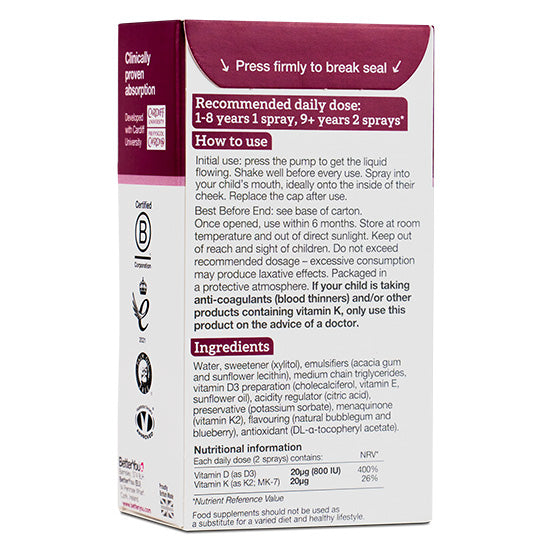 Vitamin D3+K2 Kids' Daily Oral Spray, Bubblegum & Blueberry, 15 ml, BetterYou - Vitax.ro