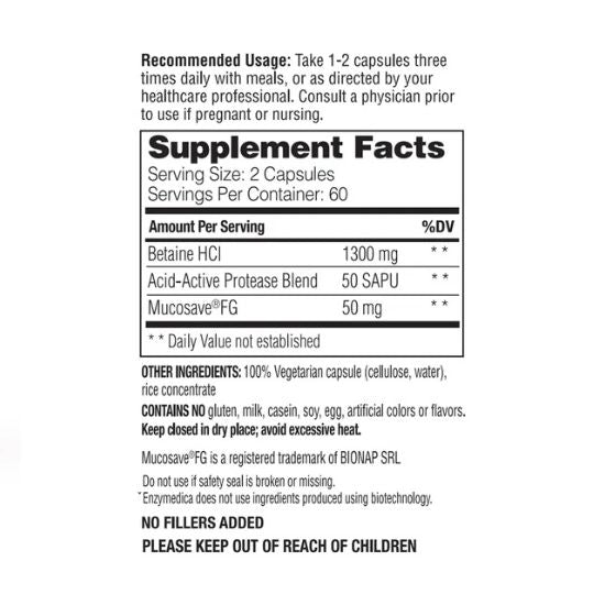 Betaine HCI, 600mg, 60 capsules, Enzymedica - Vitax.ro