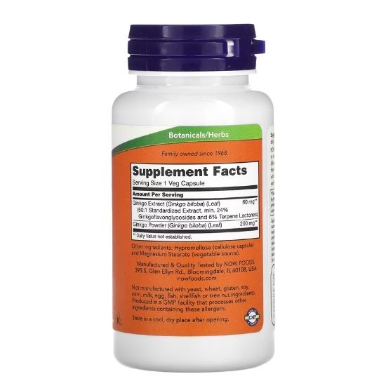 Ginkgo Biloba, 60mg, 120 vcaps, NOW Foods - Vitax.ro