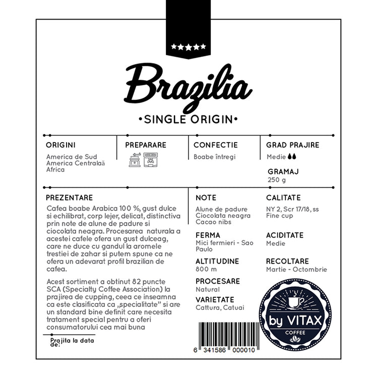 Brazilia Mogiana - Cafea de Specialitate 250g, Boabe - Vitax.ro