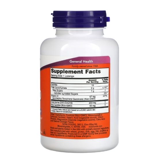 CoQ10 with Lecithin & Vitamin E, 200mg (Chewable), 90 lozenges, NOW Foods - Vitax.ro