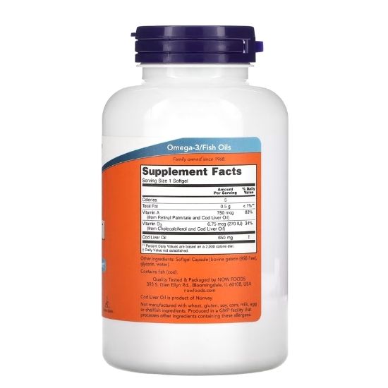 Cod Liver Oil, 650mg, 250 softgels, NOW Foods - Vitax.ro