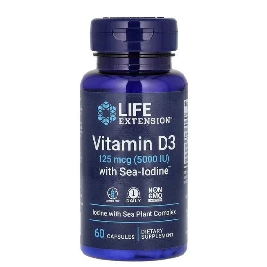 Vitamin D3 with Sea-Iodine, 5000IU, 60 caps, Life Extension - Vitax.ro