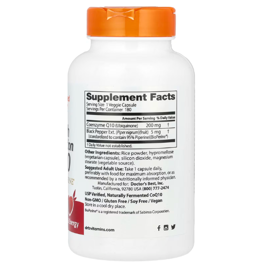 High Absorption CoQ10 cu BioPerine, 200mg, 180 vcaps, Doctor's Best - Vitax.ro