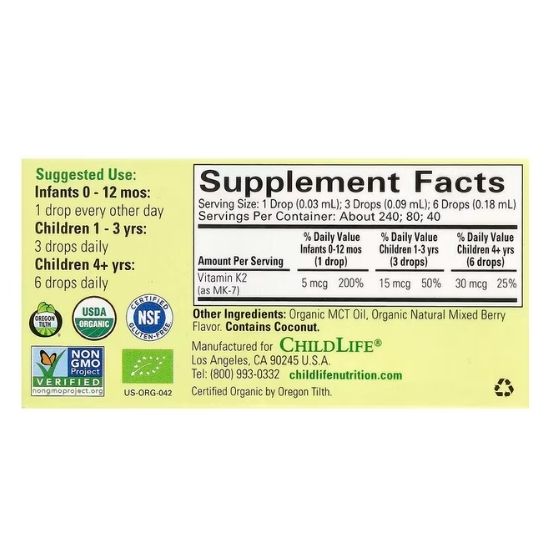 Vitamin K2 - Copii - 15mcg, Gust de Fructe, Flacon cu 7.5ml, Childlife Essentials - Vitax.ro
