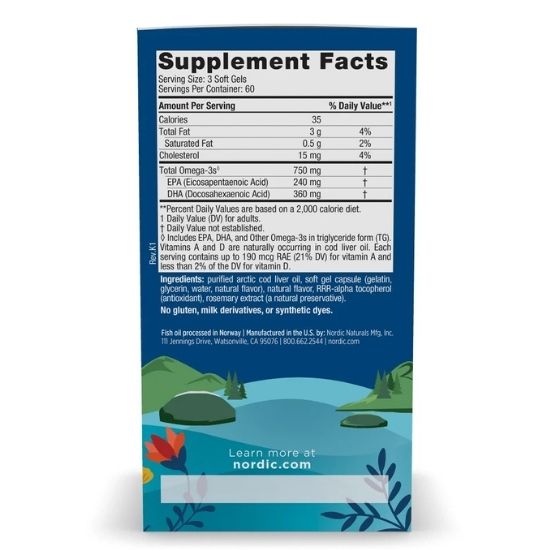 Arctic Cod Liver Oil, 750mg, Lemon, 180 softgels, Nordic Naturals - Vitax.ro