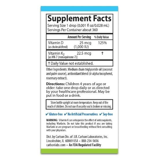 Kid's Super Daily D3 + K2, 10 ml, Carlson Labs - Vitax.ro