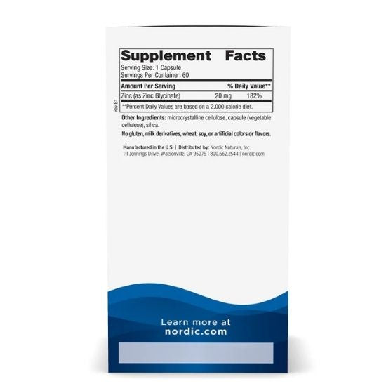 Zinc Glycinate, 20mg, 60 caps, Nordic Naturals - Vitax.ro