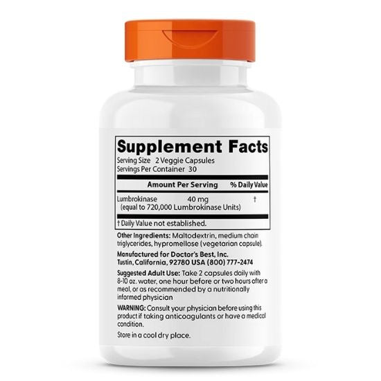 Lumbrokinase, 720,000 Units Per Serving, 60 vcaps, Doctor's Best - Vitax.ro