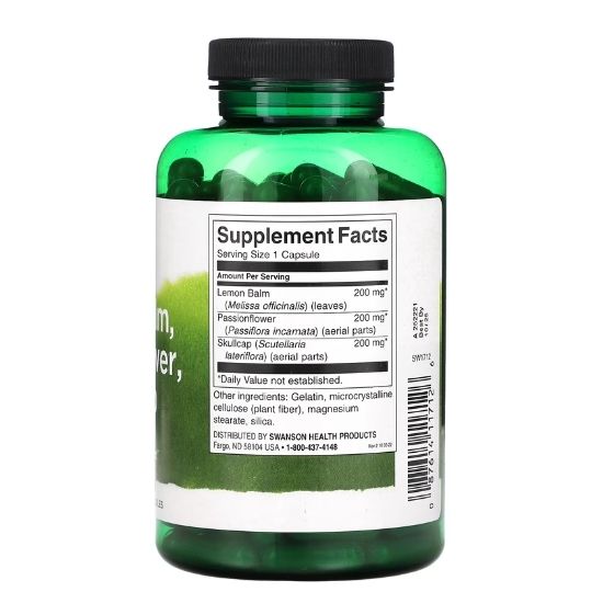 Lemon Balm, Passionflower, Skullcap Complex, 180 caps, Swanson - Vitax.ro