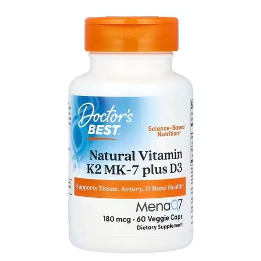 Natural Vitamin K2 MK7 cu MenaQ7 plus D3, 180mcg, 60 vcaps, Doctor's Best - Vitax.ro