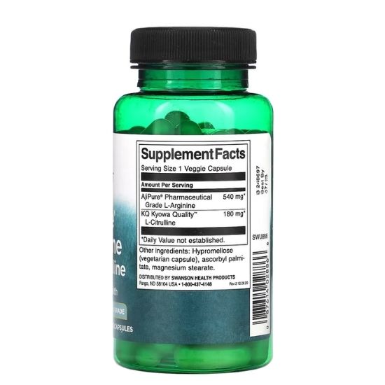 AjiPure L-Arginine with L-Citrulline, 60 vcaps, Swanson - Vitax.ro