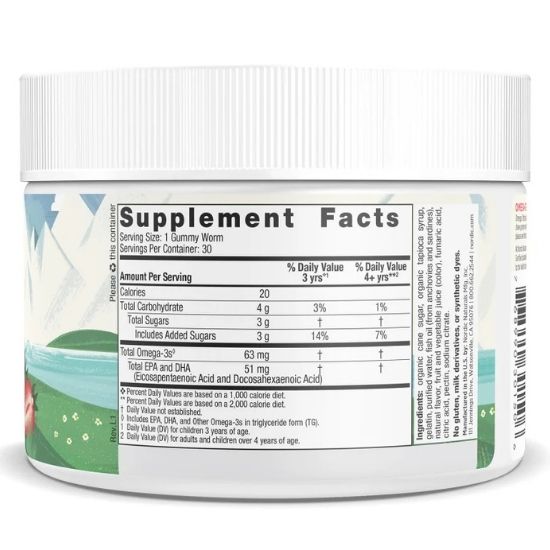 Nordic Omega-3 Gummy Worms, 63mg Strawberry, 30 gummy worms, Nordic Naturals - Vitax.ro