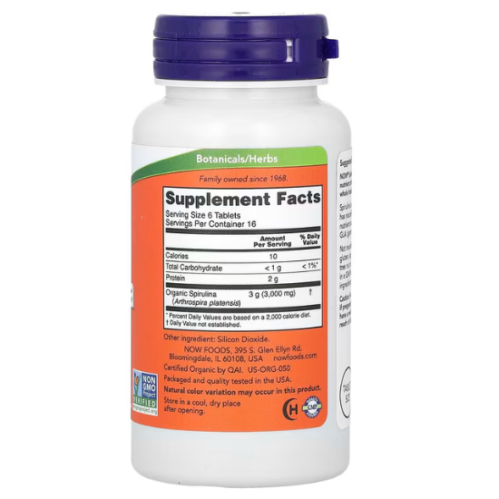 Spirulina Organic, 500mg, 100 tabs, NOW Foods - Vitax.ro