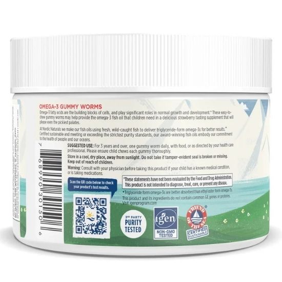 Nordic Omega-3 Gummy Worms, 63mg Strawberry, 30 gummy worms, Nordic Naturals - Vitax.ro
