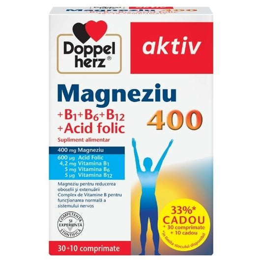 Magnesium 400 + Acid folic + Vitamina B1+B6+B12, 30 + 10 comprimate, Doppelherz - Vitax.ro