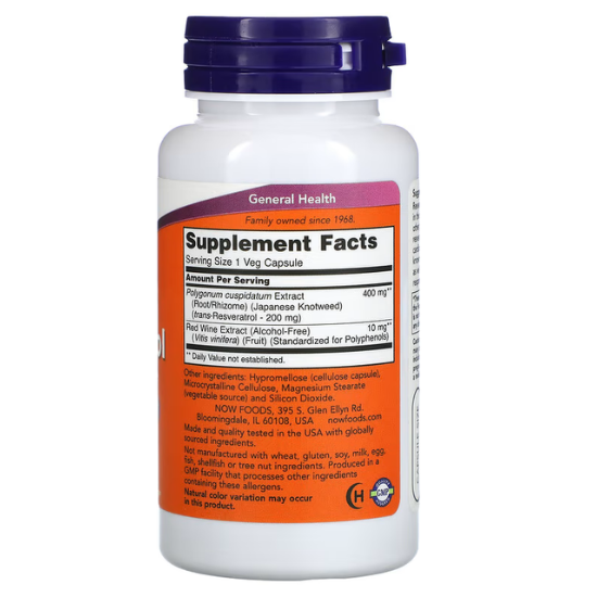 Natural Resveratrol with Red Wine Extract, 200mg, 60 vcaps, NOW Foods - Vitax.ro