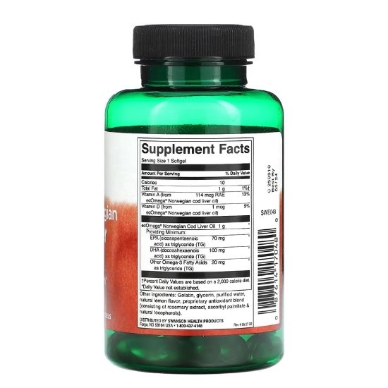 Pristine Norwegian Cod Liver Oil, 1000mg, 60 softgels, Swanson - Vitax.ro