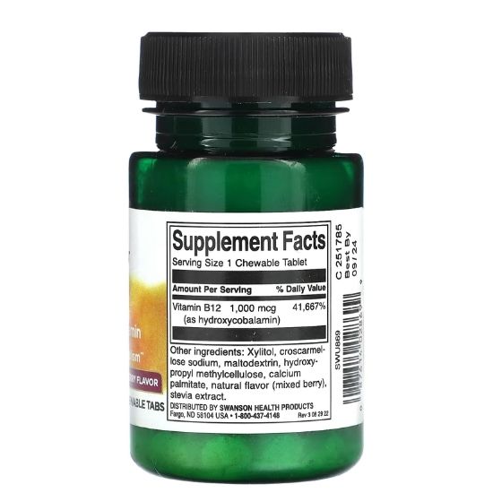 B-12 Hydroxycobalamin, 1000mcg, 60 chewable tabs, Swanson - Vitax.ro