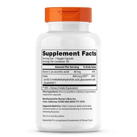 Fully Active Folate 400 with Quatrefolic, 400mcg, 90 vcaps, Doctor's Best - Vitax.ro