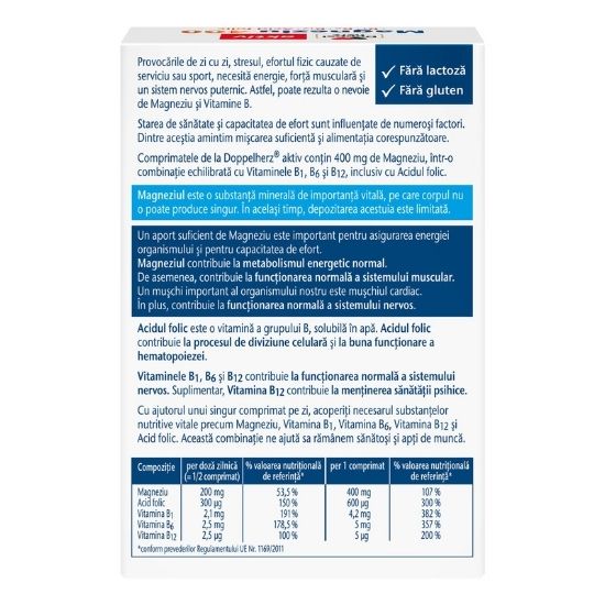 Magneziu 400 + B1 + B6 + B12 + Acid Folic, 30 comprimate, Doppelherz - Vitax.ro