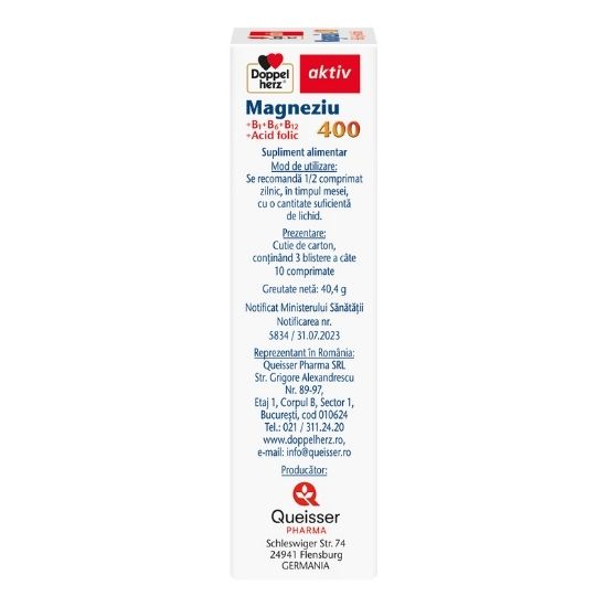 Magneziu 400 + B1 + B6 + B12 + Acid Folic, 30 comprimate, Doppelherz - Vitax.ro
