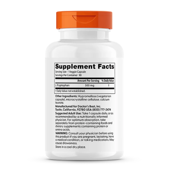 L-Tryptophan with TryptoPure, 500mg, 90 vcaps, Doctor's Best - Vitax.ro