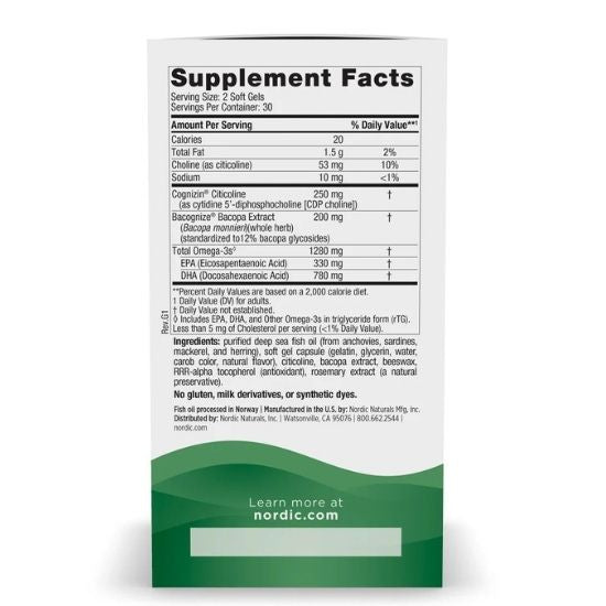 Focus Support with Citicoline & Bacopa Extract, 1280mg, 60 softgels, Nordic Naturals - Vitax.ro