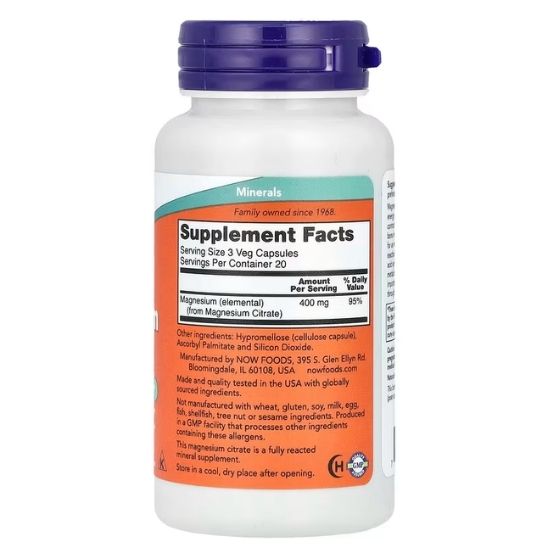 Magnesium Citrate, 400mg, 60 vcaps, NOW Foods - Vitax.ro