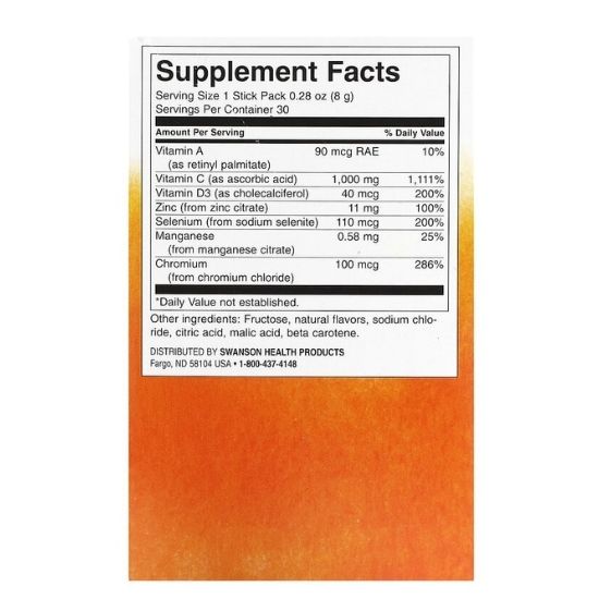 Immunity Assist with C Plus Vitamin D & Zinc, Citrus, 30 x 8g, Swanson - Vitax.ro