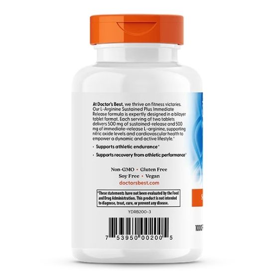 L-Arginine Sustained + Immediate Release, 1000 mg Per Serving, 120 tabs, Doctor's Best - Vitax.ro