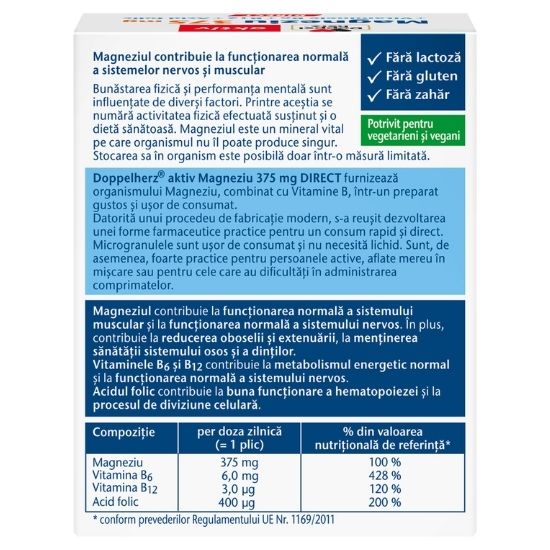 Magneziu 375 mg + Vitaminele B6 + B12 + Acid folic, Direct, 20 plicuri, Doppelherz - Vitax.ro