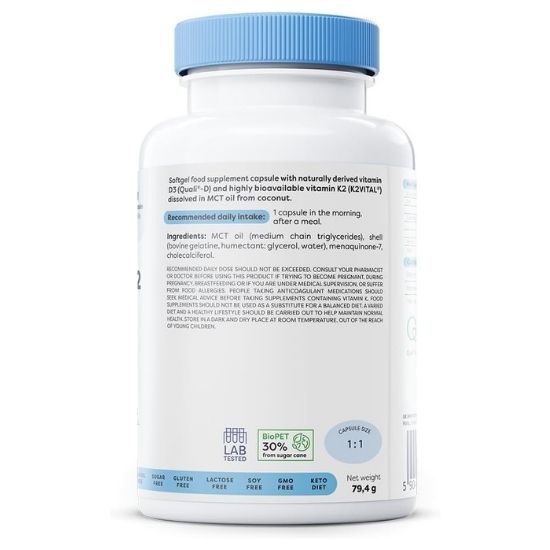 Vitamin D3 + K2, 4000IU + 150mcg, 120 softgels, Osavi - Vitax.ro