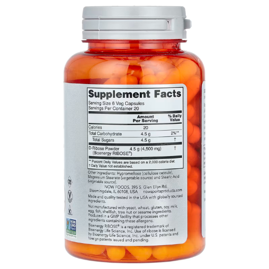 D-Ribose, 750mg, 120 vcaps, NOW Foods - Vitax.ro