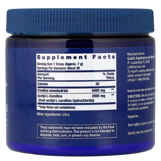 Creatine & Acetyl-L-Carnitine Energy Plus, 233g, Life Extension - Vitax.ro
