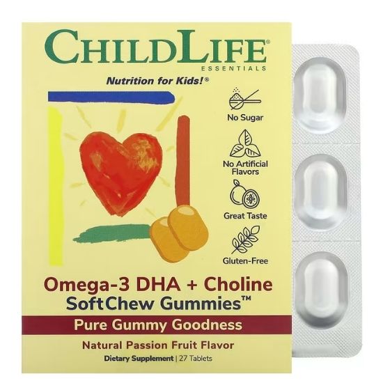 Omega-3 DHA+Choline SoftMelts, Gust de Fructul Pasiunii, Cutie cu 27 Tablete Masticabile, Childlife Essentials - Vitax.ro