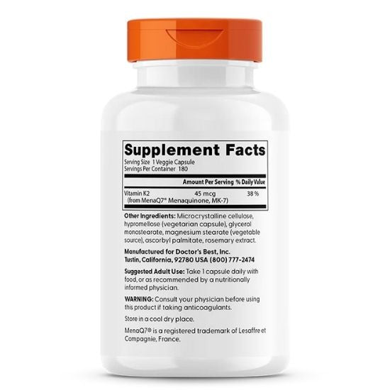 Natural Vitamin K2 MK7 cu MenaQ7, 45mcg, 180 vcaps, Doctor's Best - Vitax.ro