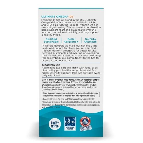 Ultimate Omega-D3 Fish Oil, 1280mg Lemon, 120 softgels, Nordic Naturals - Vitax.ro