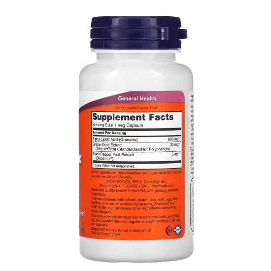 Alpha Lipoic Acid with Grape Seed Extract & Bioperine, 600mg, 60 vcaps, NOW Foods - Vitax.ro