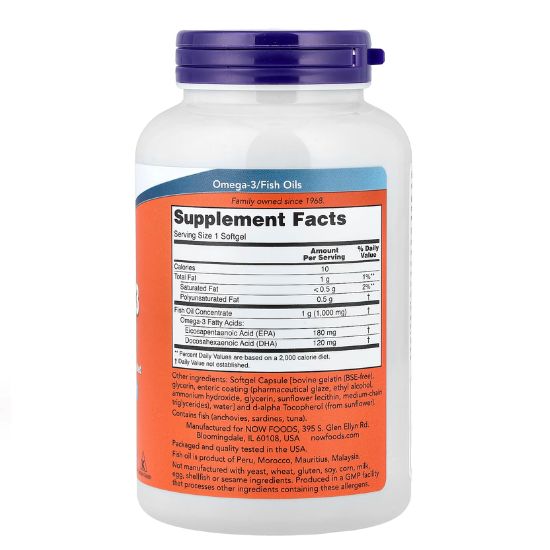 Omega-3 Enteric Coated, 180 softgels, NOW Foods