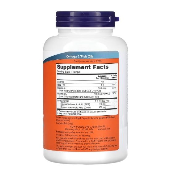 Cod Liver Oil, 1000mg Extra Strength, 180 softgels, NOW Foods - Vitax.ro
