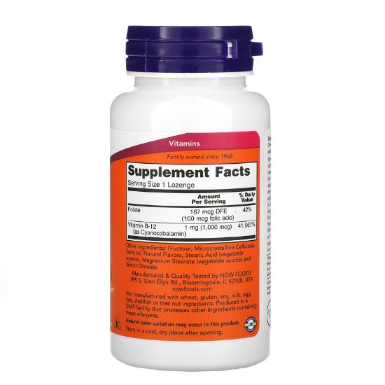 Vitamin B-12 with Folic Acid, 1000mcg, 250 lozenges, NOW Foods - Vitax.ro