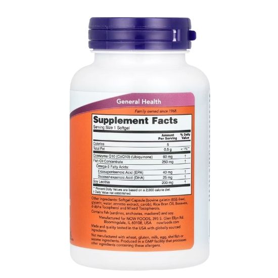 CoQ10 with Omega-3, 60mg, 120 softgels, NOW Foods - Vitax.ro