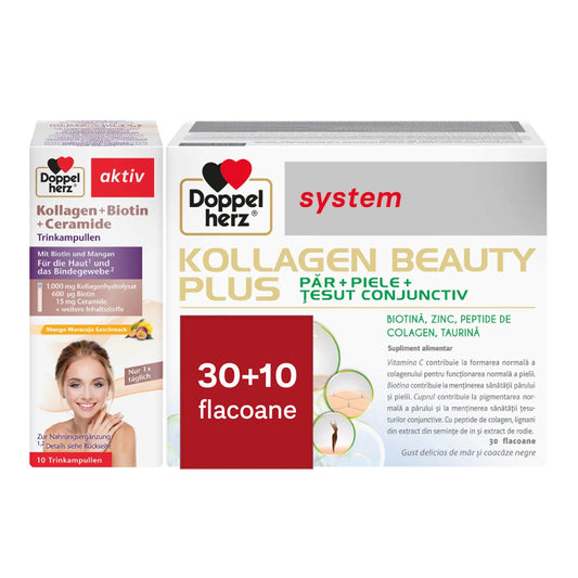 Pachet Kollagen System Beauty Plus 30 + Biotina si Ceramide 10 Flacoane, Doppelherz - Vitax.ro