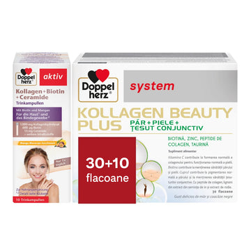 Pachet Kollagen System Beauty Plus 30 + Biotina si Ceramide 10 Flacoane, Doppelherz - Vitax.ro
