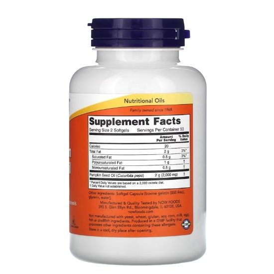 Pumpkin Seed Oil, 1000mg, 100 softgels, NOW Foods - Vitax.ro