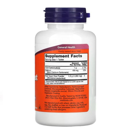 Red Yeast Rice Concentrated 10:1 Extract, 1200mg, 60 tablets, NOW Foods - Vitax.ro