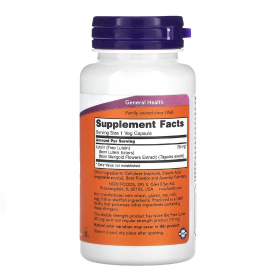 Lutein, 20mg Double Strength, 90 vcaps, NOW Foods - Vitax.ro